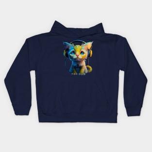 Cute kitty with headphones on Kids Hoodie